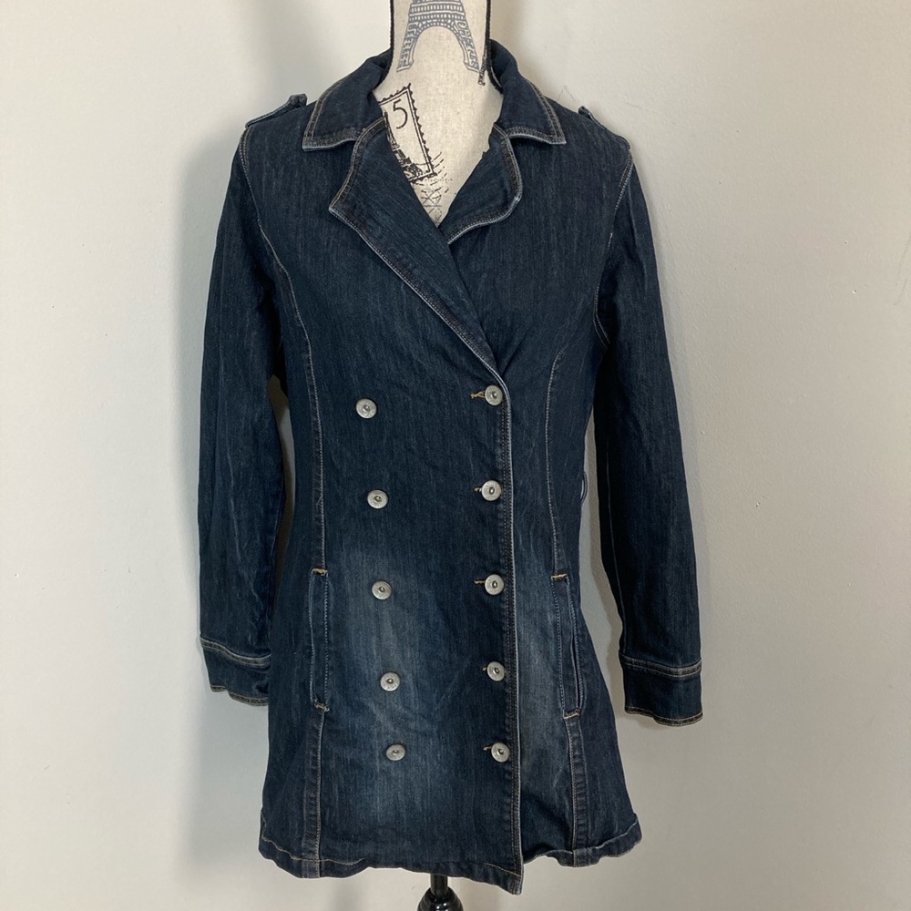 Jou Jou Women’s Dark Denim Blue Double Breasted Jacket Collared Long Sleeves